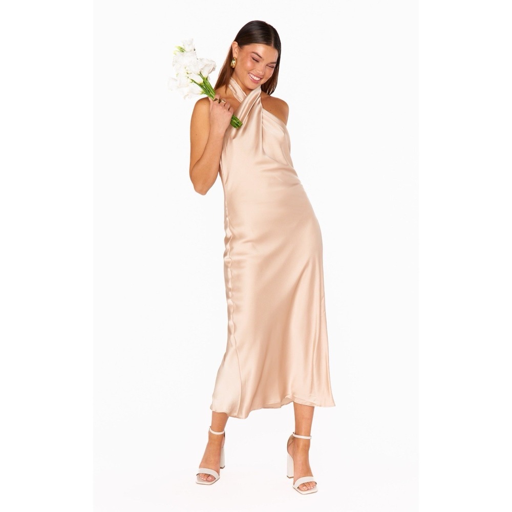 Show Me Your Mumu Jasmine Halter Maxi‎ Gown Dress  Luxe Satin Champagne XL NWT